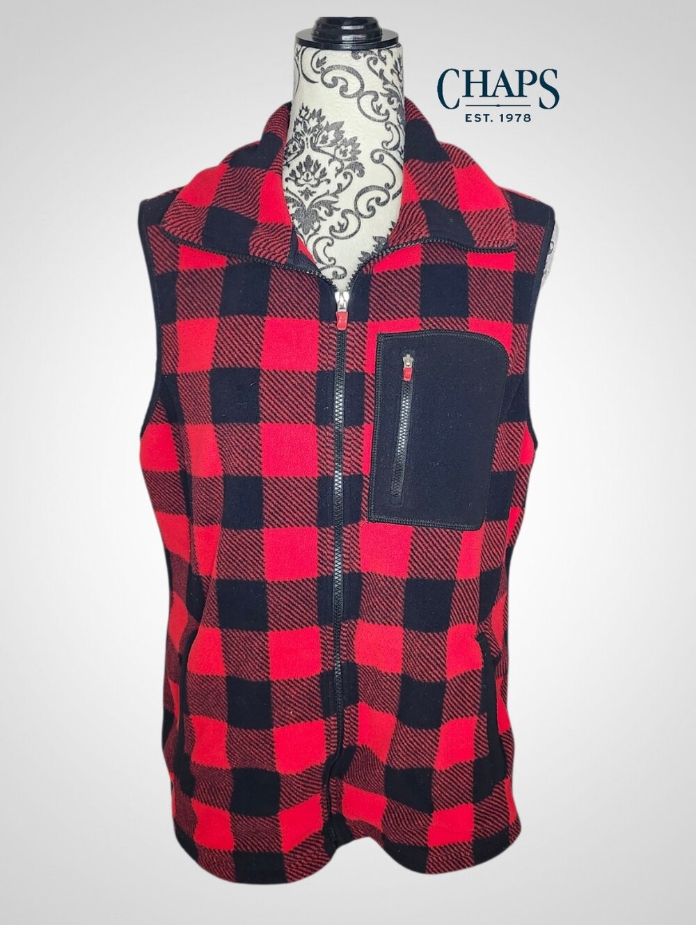 CHAPS Red & Black Buffalo Plaid Zip-Up Men's Vest - Large
